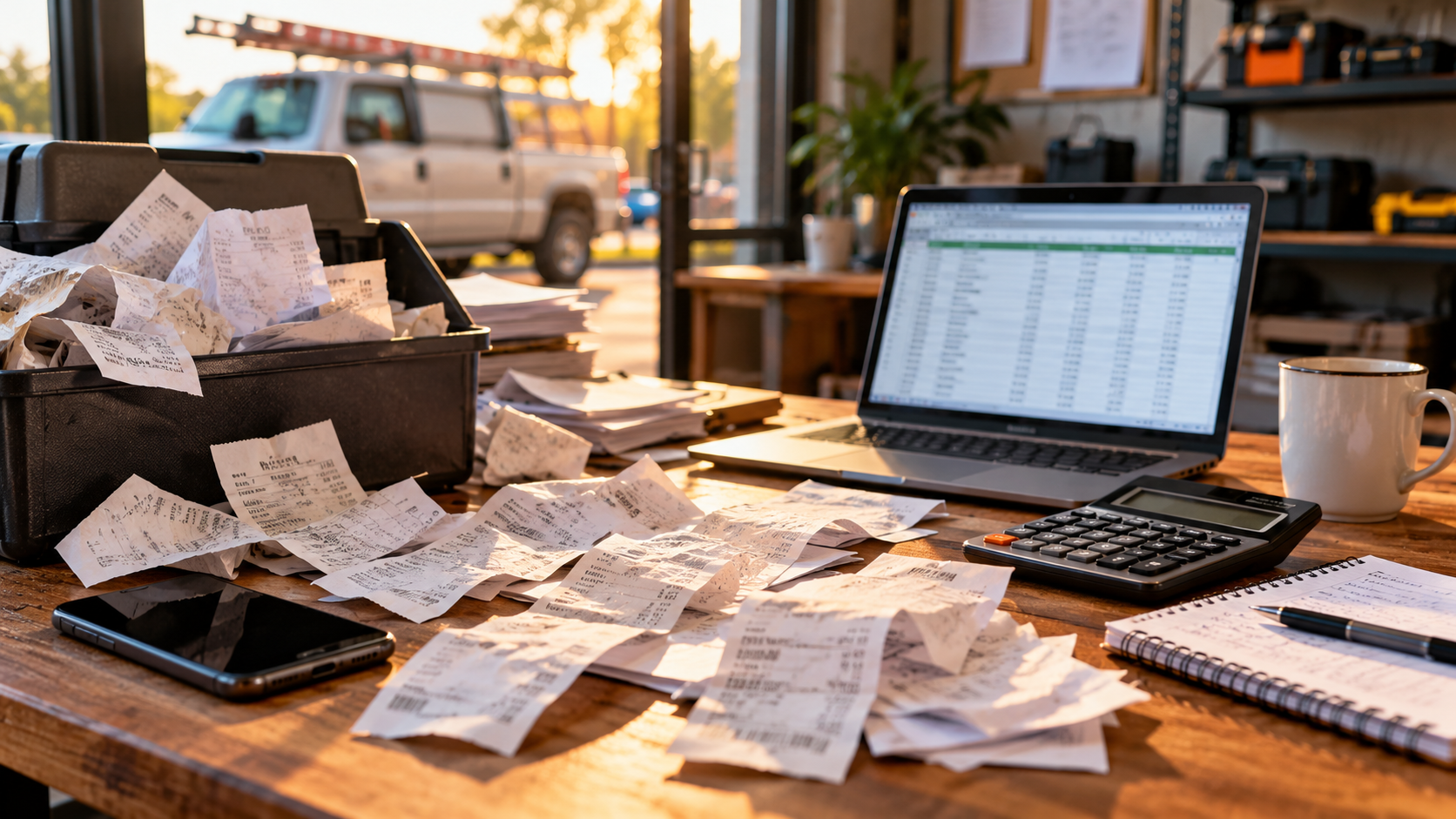 Scattered receipts beside a laptop, calculator, and receipt box in a contractor workspace